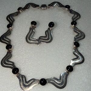 TAXCO 950 Sterling Silver Onyx Necklace Earring Set  (1)